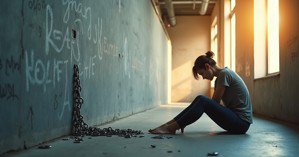 Adulto sentado no chão quebrando correntes simbólicas em um ambiente urbano ao amanhecer 