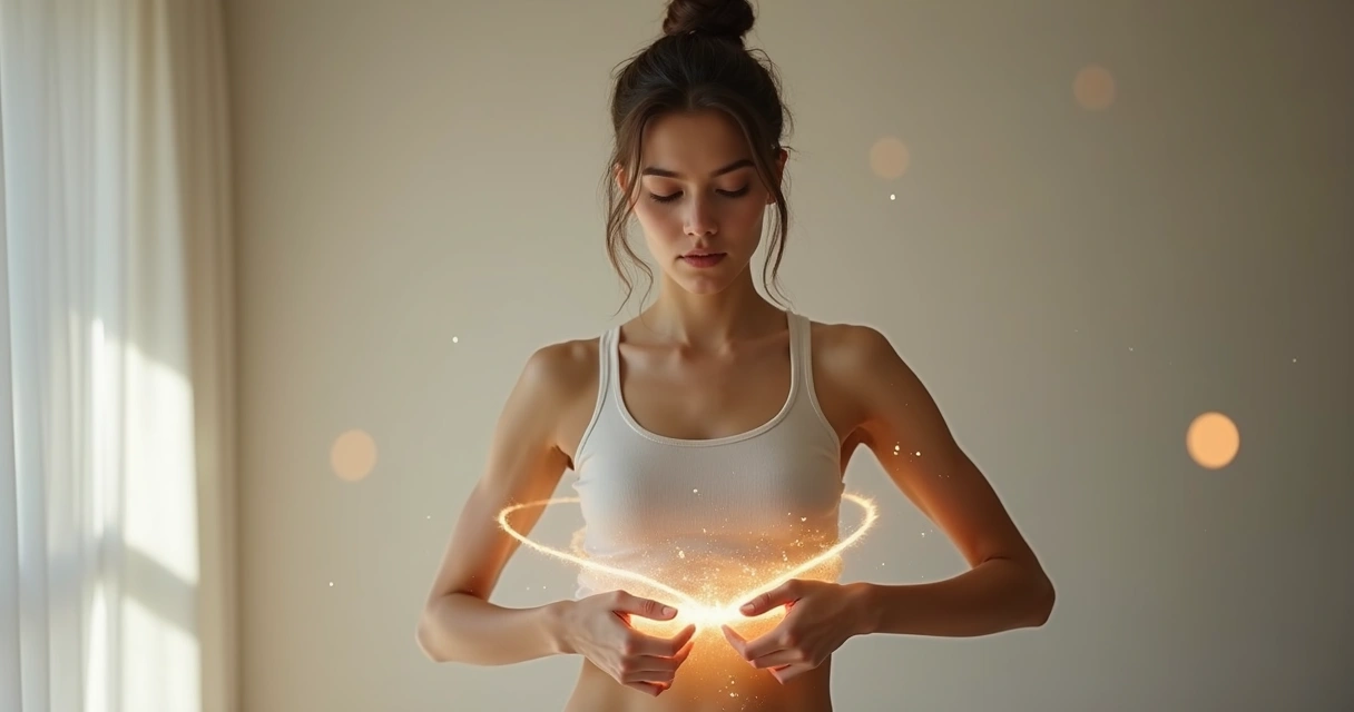 Pessoa em pé quebrando um círculo de fita ao redor do corpo, simbolizando fim da autossabotagem inconsciente 