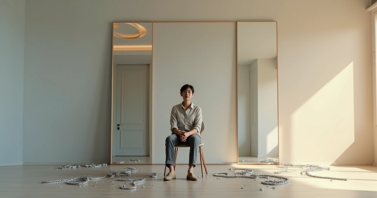 Profissional refletindo diante de espelho com correntes se quebrando ao fundo 