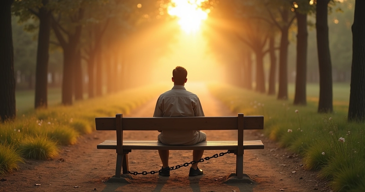 Pessoa refletindo entre caminhos diferentes e quebrando correntes simbólicas 