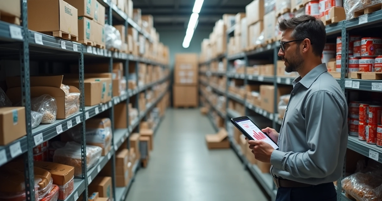 Gerente analisando prateleira com produtos quebrados e perdas no estoque 