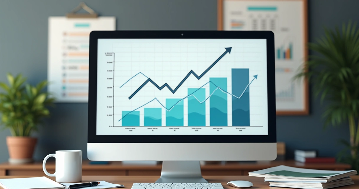 Tela de computador exibindo gráficos de queda de ações de empresas de publicidade em ambiente de escritório moderno. 