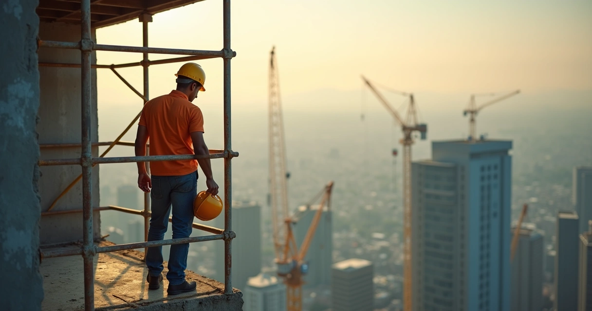 Técnico segurando capacete diante de prédio em construção civil 