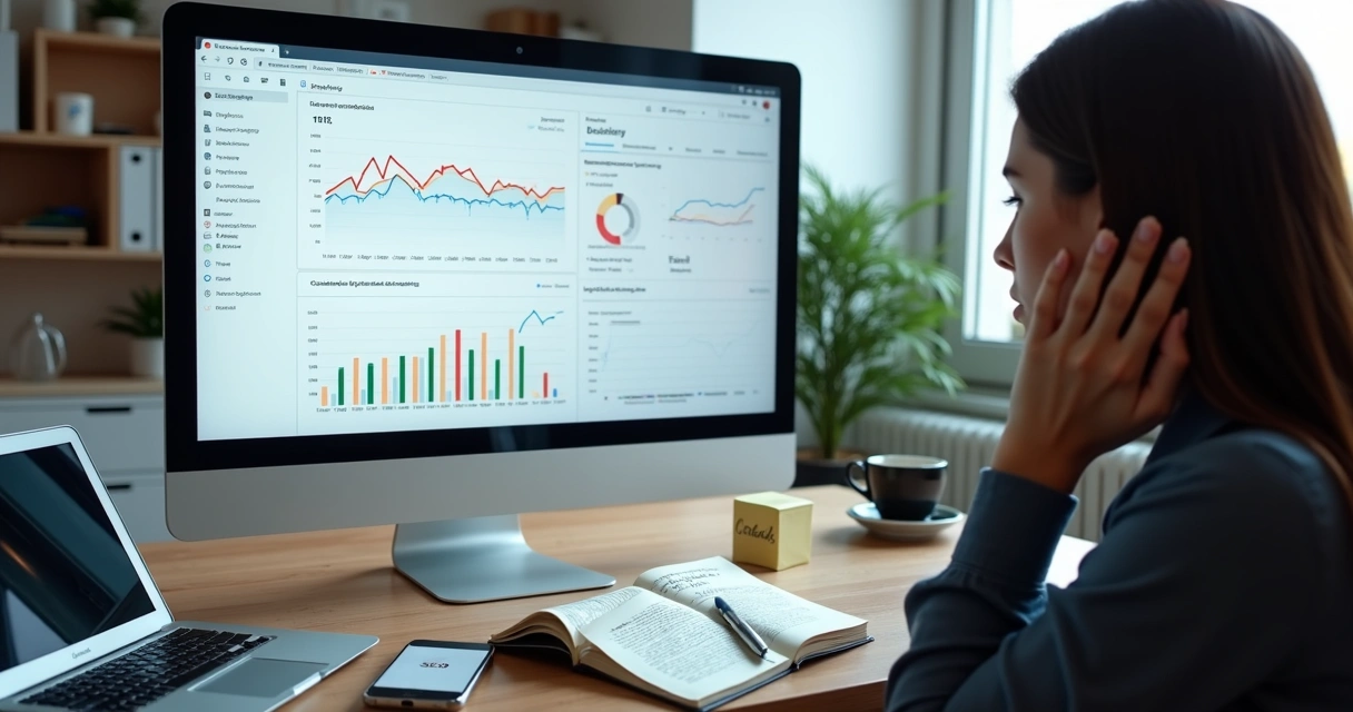 Tela de computador com gráficos de tráfego em queda em um painel de analytics 