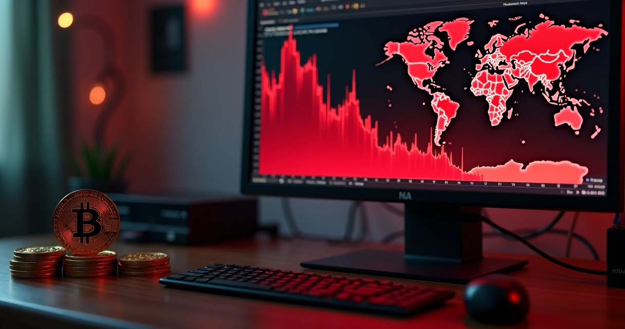 Queda do Bitcoin com gráficos vermelhos em tela de computador