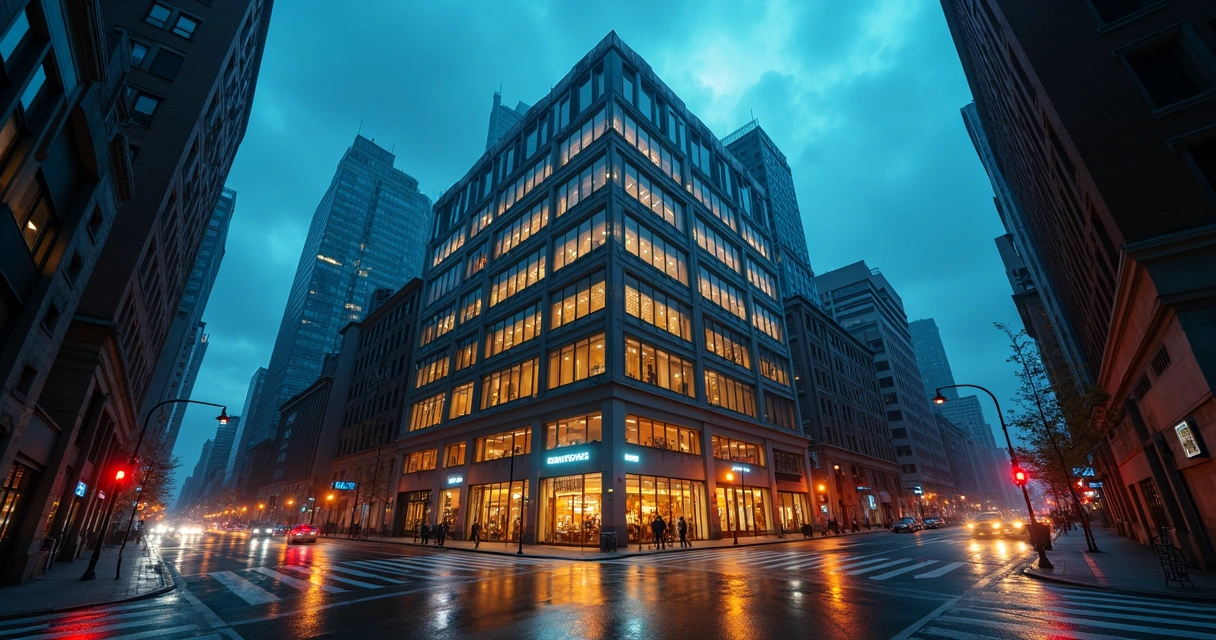 Predio comercial moderno com luzes acesas durante a noite ao redor de prédios sem luz
