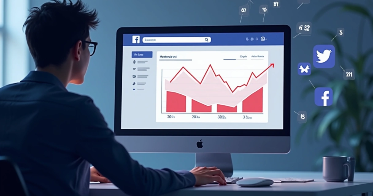 Painel com gráficos mostrando queda no engajamento do Facebook