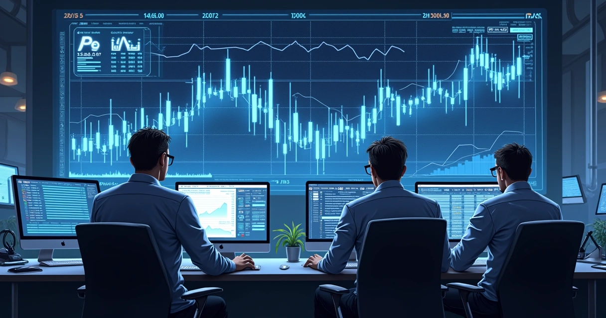 Gráfico digital mostra queda acentuada do preço da prata com investidores atentos e telas de negociação em destaque. 