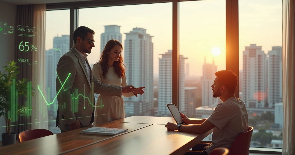 Corretor mostrando apartamento para casal com gráfico de queda de juros ao fundo 