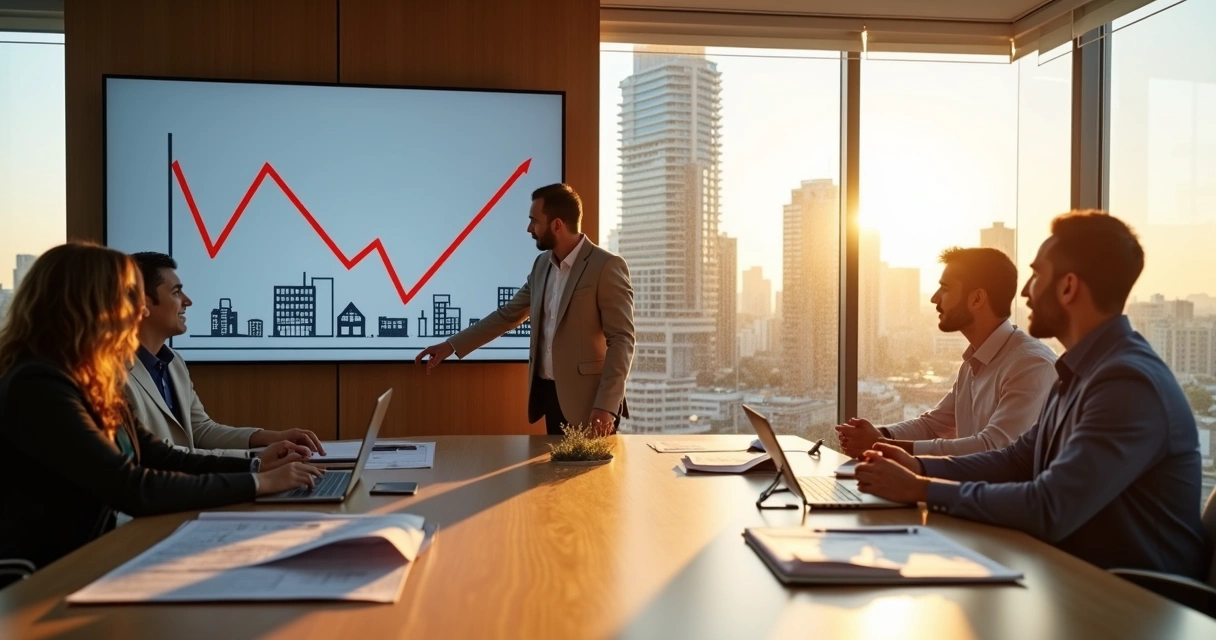 Corretor mostrando queda dos juros em gráfico a investidores em sala com vista para prédios 