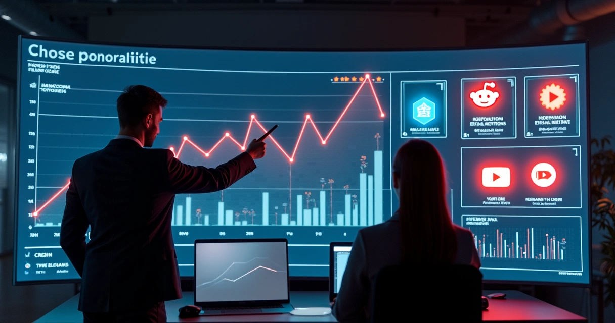 Painel digital mostrando queda de gráfico do Google e novas fontes de visibilidade como Reddit e YouTube 
