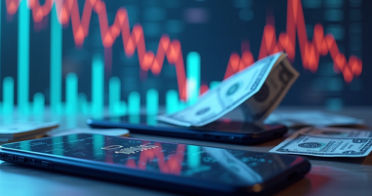 Representação da queda de vendas de smartphones com gráfico, celulares e dinheiro 