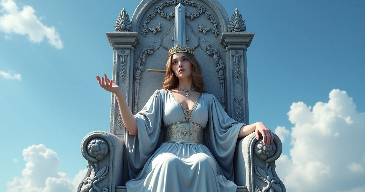 Queen of Swords tarot card throne and sword detail 