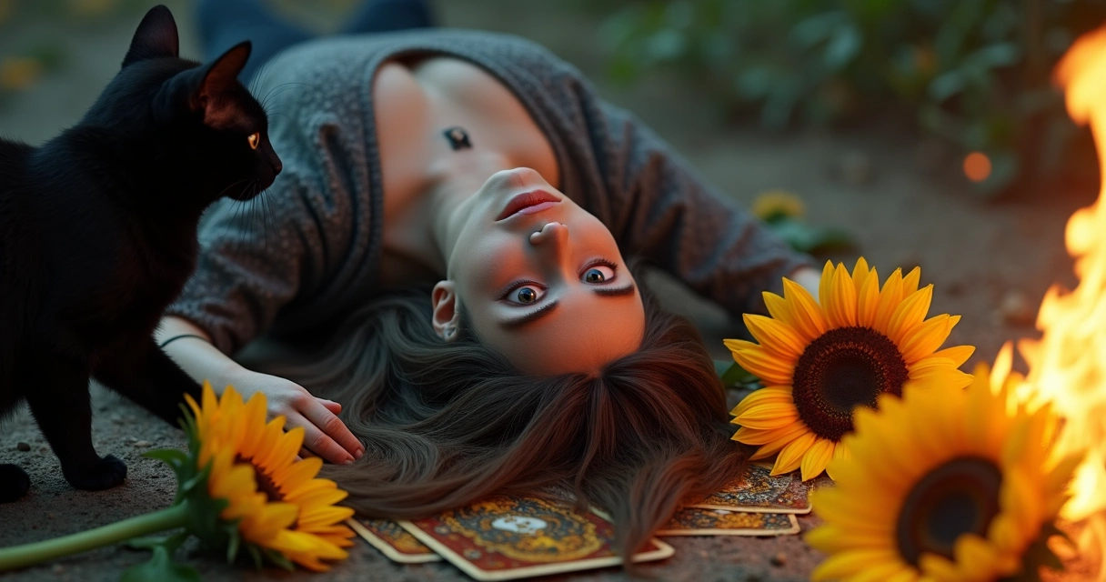 Queen of Wands Tarot card reversed with shadow and fire motifs 