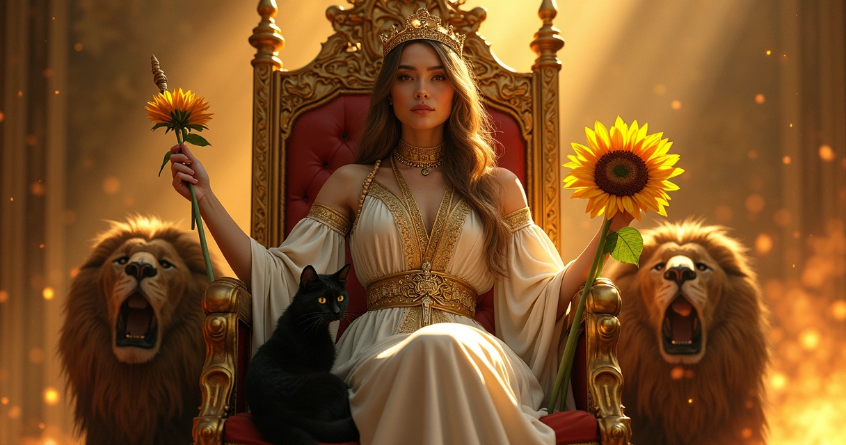 Queen of Wands sitting on throne with cat and sunflowers 