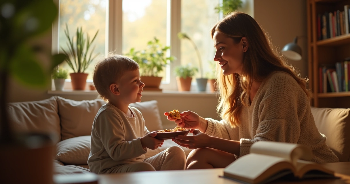 Family gathered in a cozy home with nurturing atmosphere 