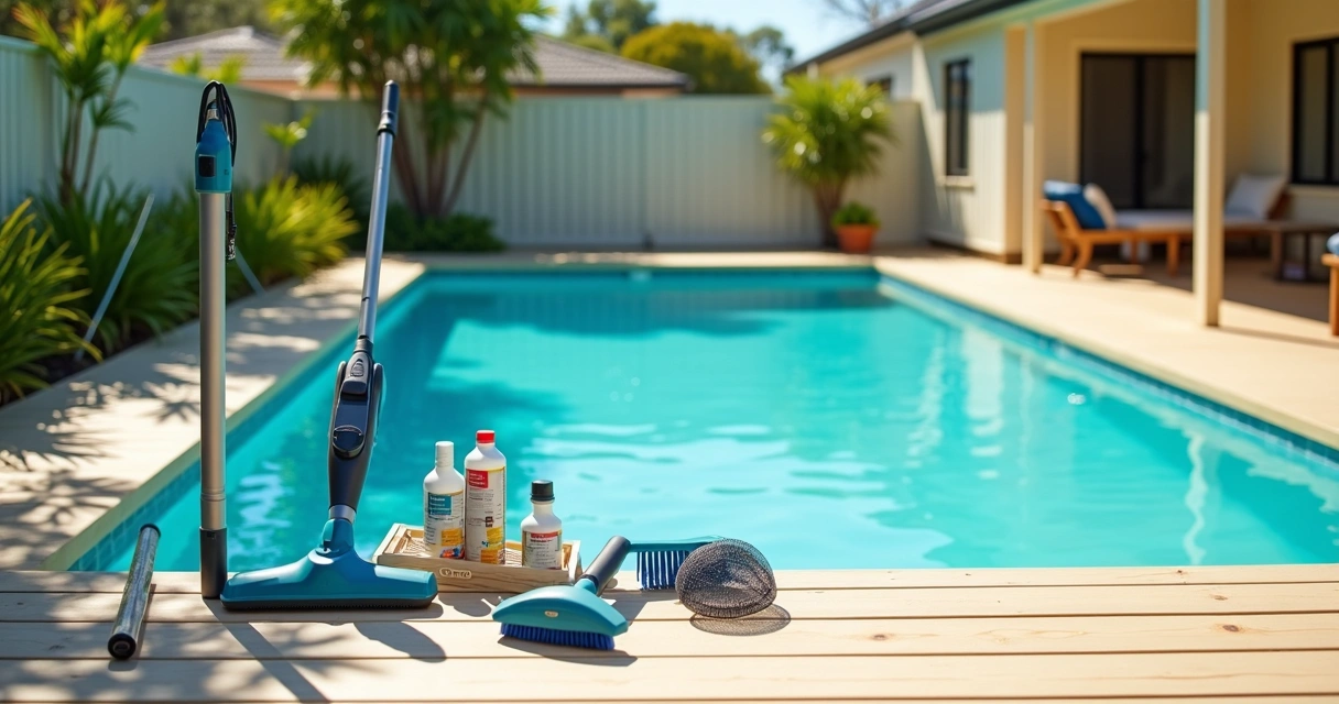 Pool owner in Queensland arranging cleaning tools beside backyard pool 