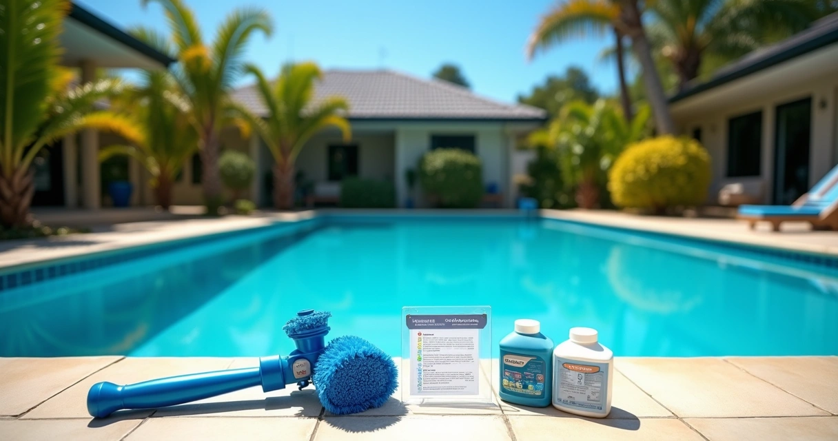 Queensland backyard pool with maintenance tools laid neatly on poolside tiles 