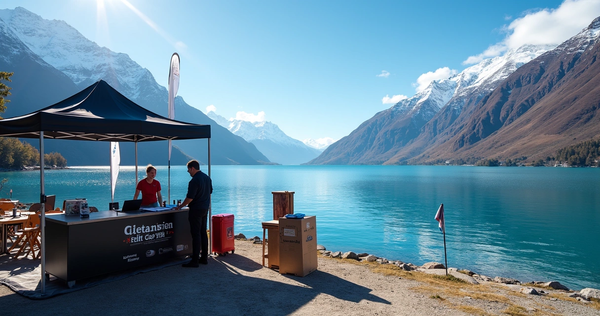 Profissional preparando evento ao ar livre em Queenstown com paisagens montanhosas 