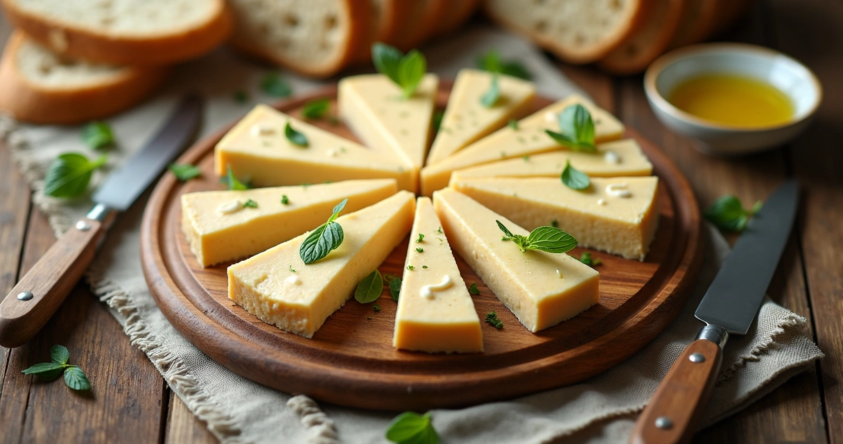 Queijo de castanha de caju vegano fatiado em prato de madeira 