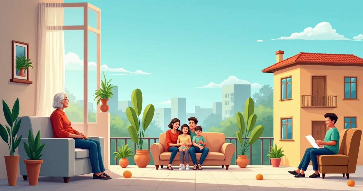 Ilustração de um cenário urbano mostrando pessoas que podem solicitar usucapião urbana, destacando homeliness.