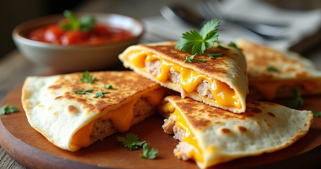 Quesadillas douradas recheadas com atum na tábua 