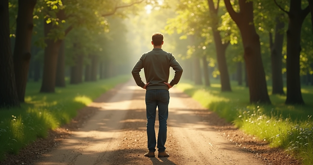 A person standing at a fork in a path under sunlight, contemplating different directions