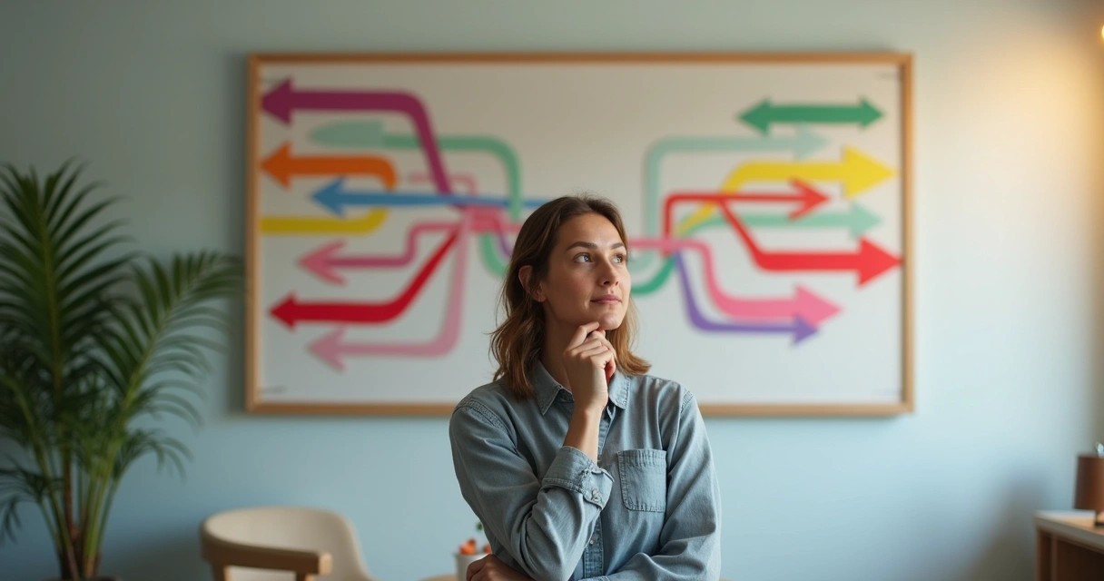 Pessoa refletindo diante de diversas setas em diferentes direções em um mural.