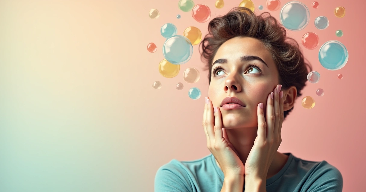 Pessoa pensativa olhando para cima, com fundo claro e elementos abstratos representando ideias ao redor. 