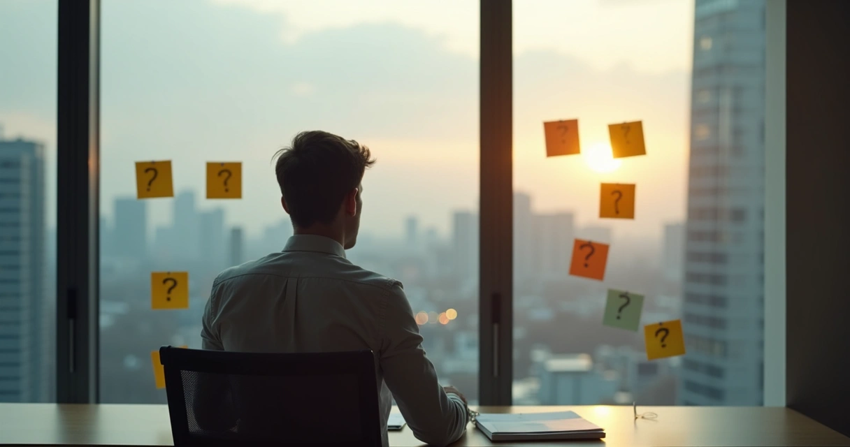 Pessoa olhando pela janela de um escritório refletindo sozinha, com post-its de perguntas colados no vidro