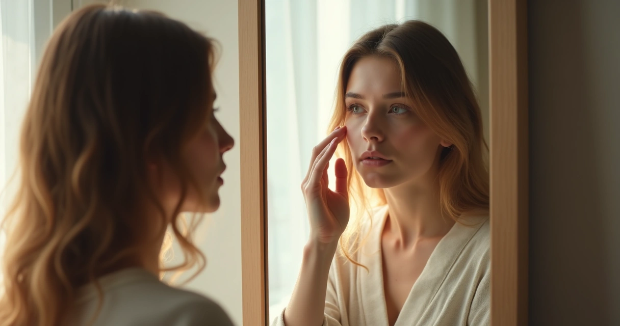 Mulher diante de um espelho analisando o próprio reflexo 