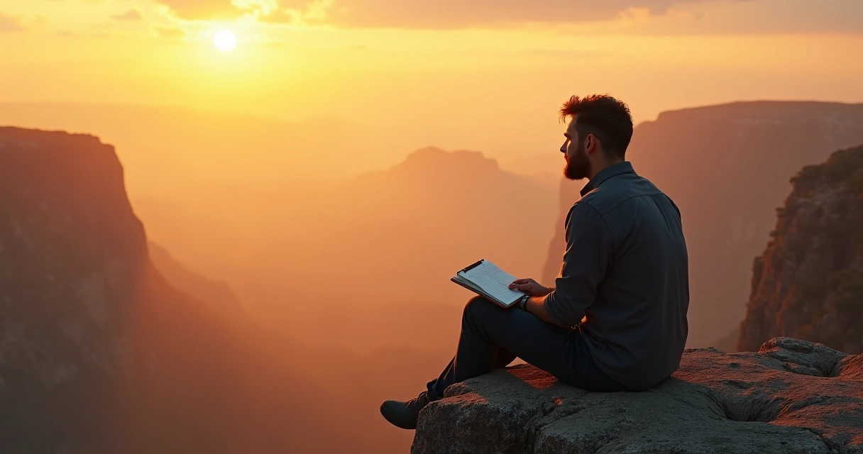 Homem refletindo sentado ao pôr do sol, com expressão pensativa 