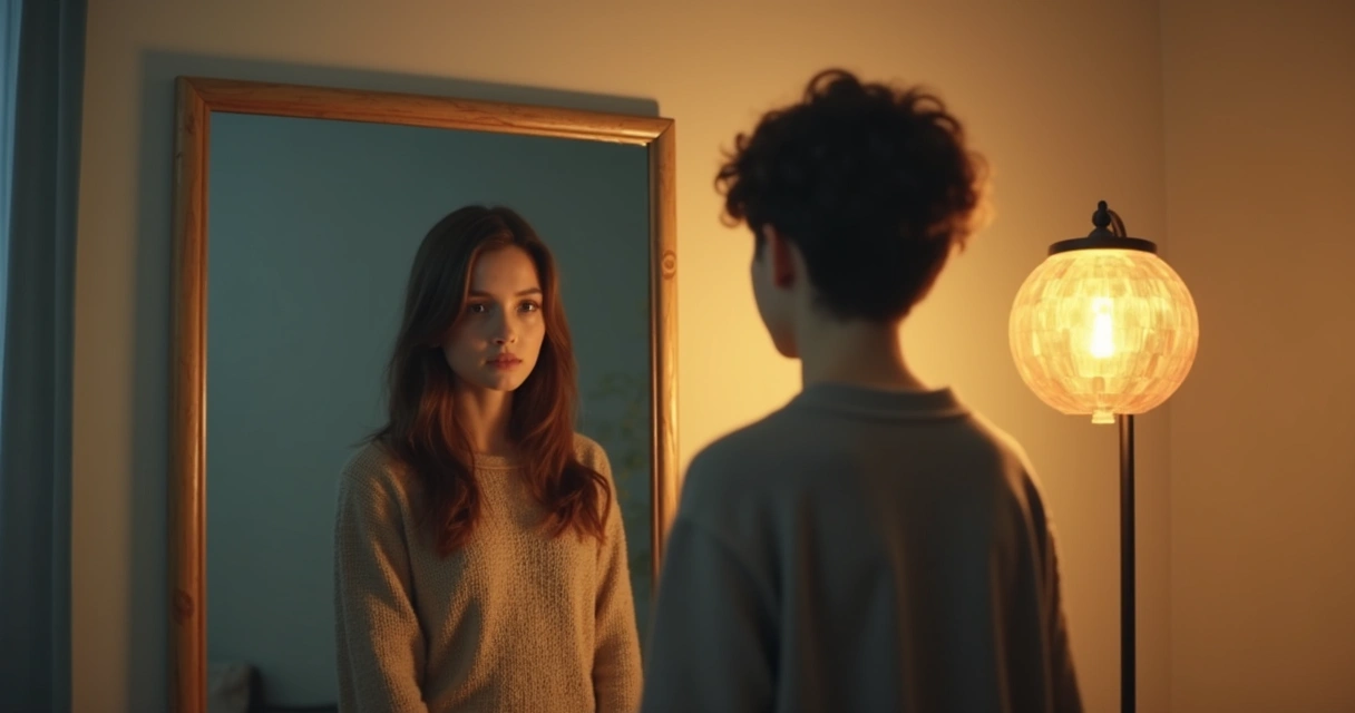 Pessoa em frente a espelho refletindo sobre identidade 