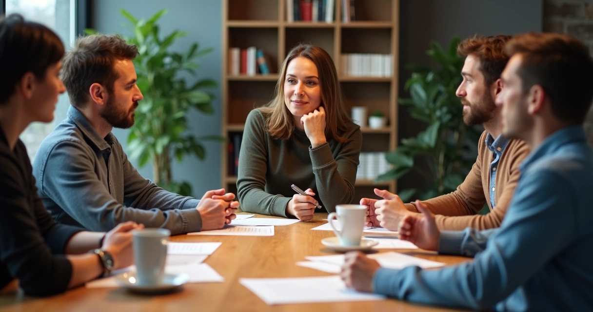 Grupo de pessoas conversando em torno de uma mesa com expressões pensativas 
