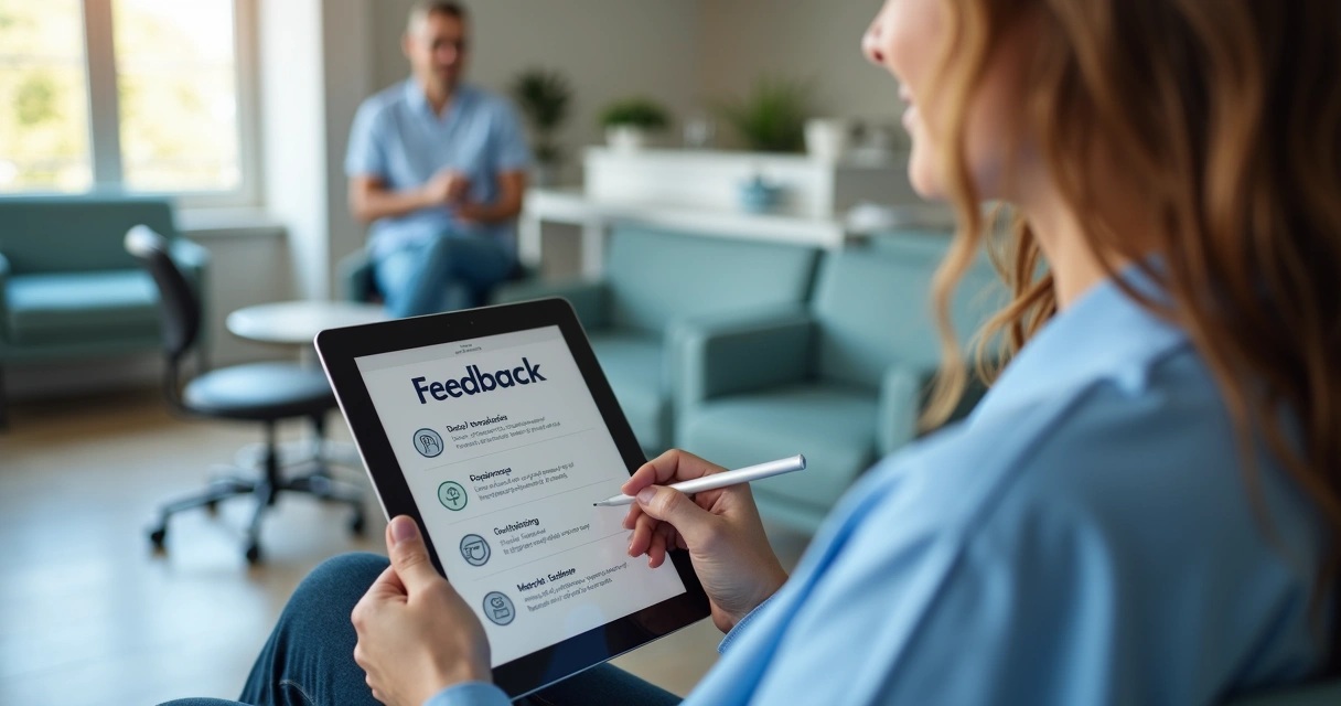 Paciente preenchendo formulário eletrônico em clínica odontológica 