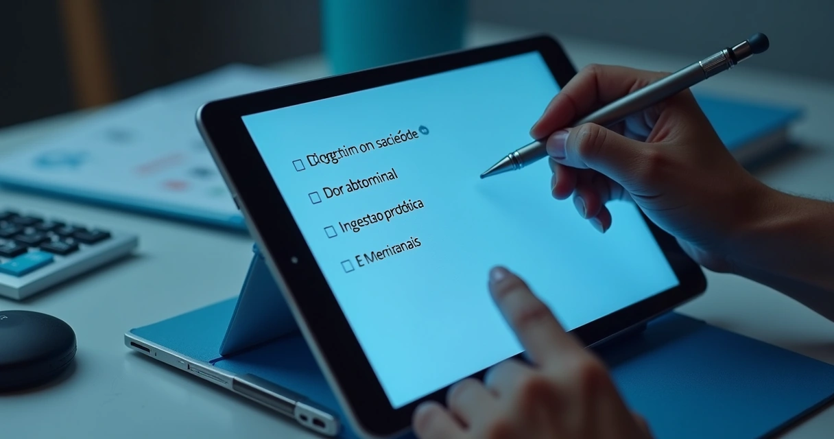 Tablet mostra questionário digital de acompanhamento de sintomas em paciente diabético 