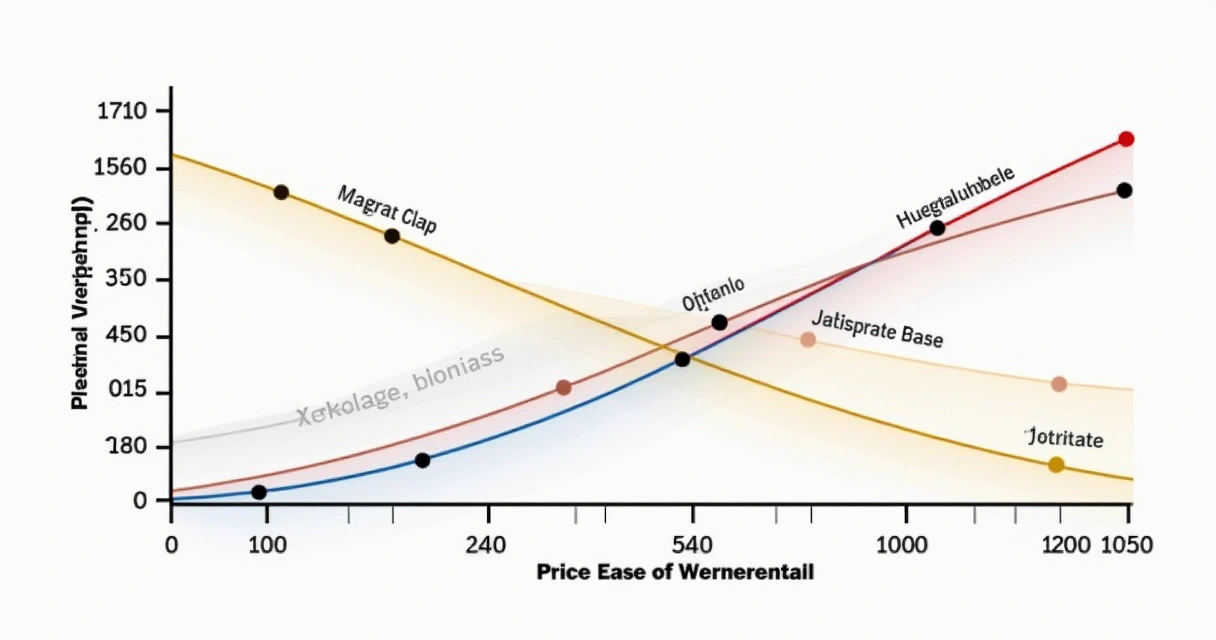 Gráfico com as quatro perguntas do método Van Westendorp, linhas coloridas cruzando e delimitando a faixa ideal de preço 