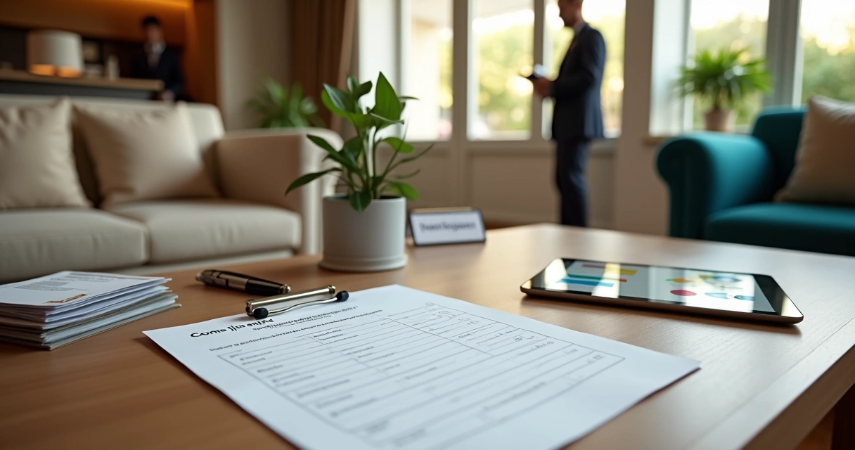 Gestor de hotel analisa prancheta com questionário de satisfação no lobby 