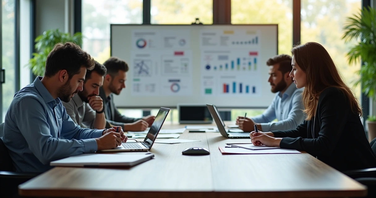 Equipe em uma sala de reunião preenchendo questionários de avaliação psicossocial 