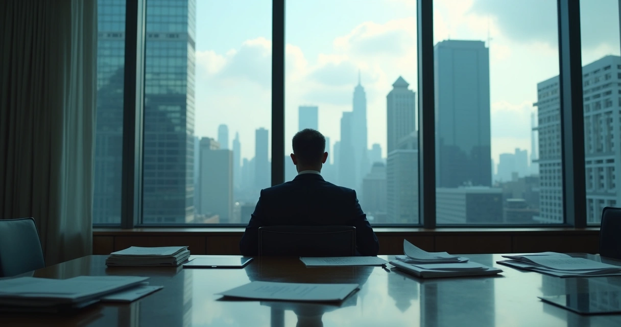 Leader sitting alone reflecting in an office with window 