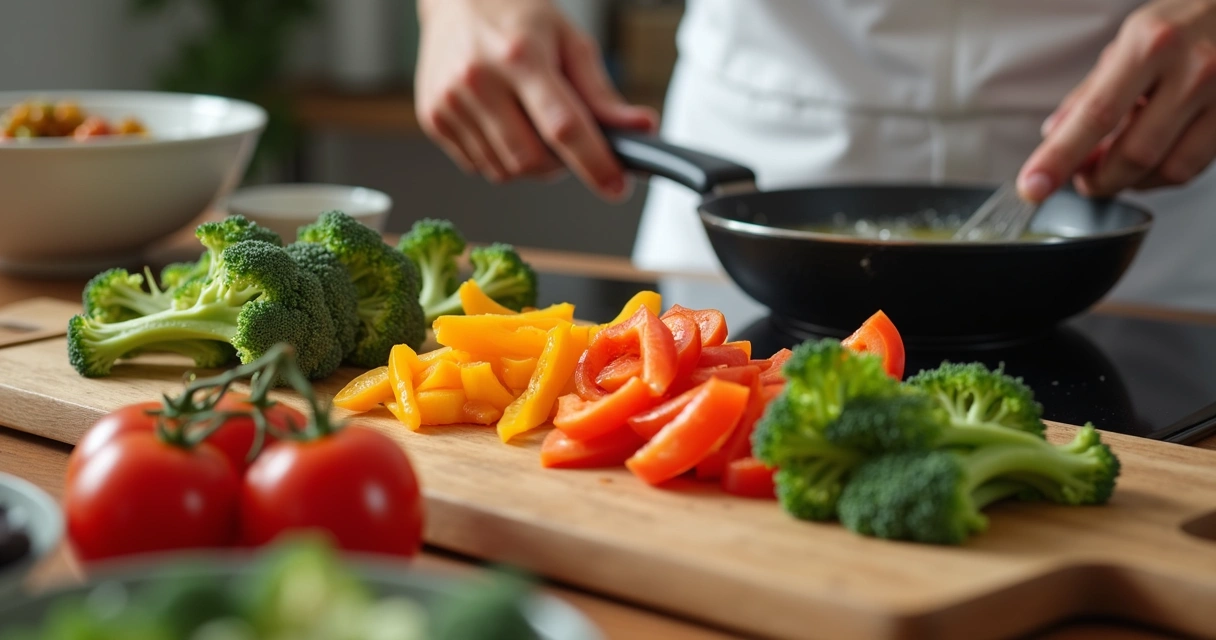Quick meal preparation in a kitchen showing chopped vegetables and a skillet on the stove. 