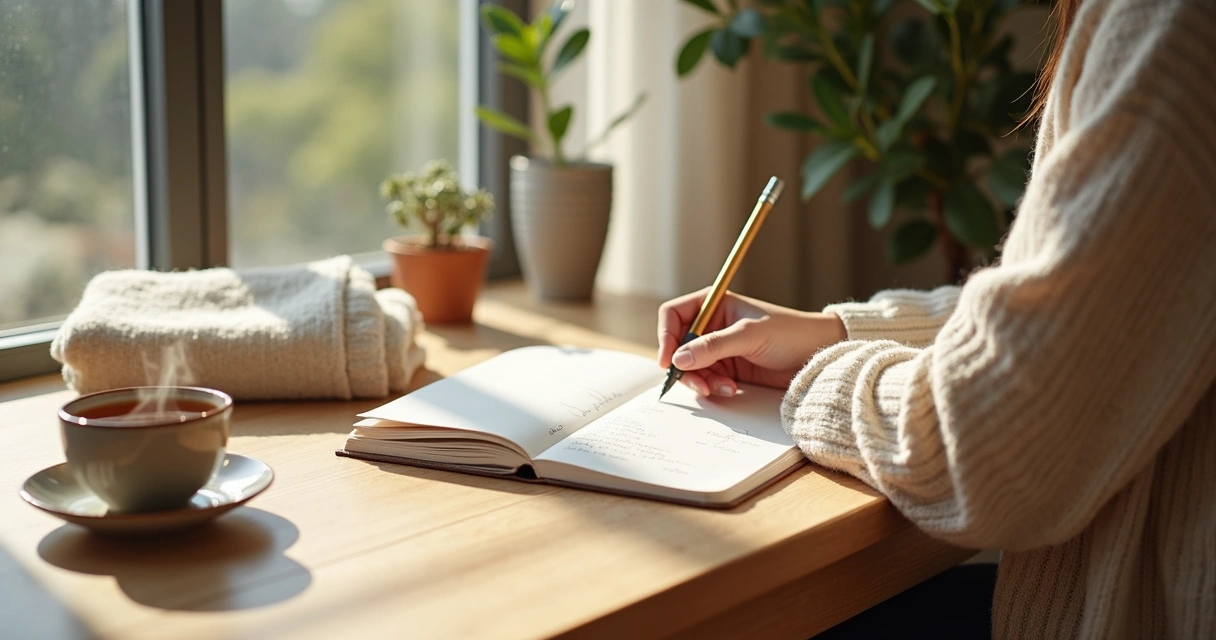 Person writing in a journal beside a window with tea and soft daylight
