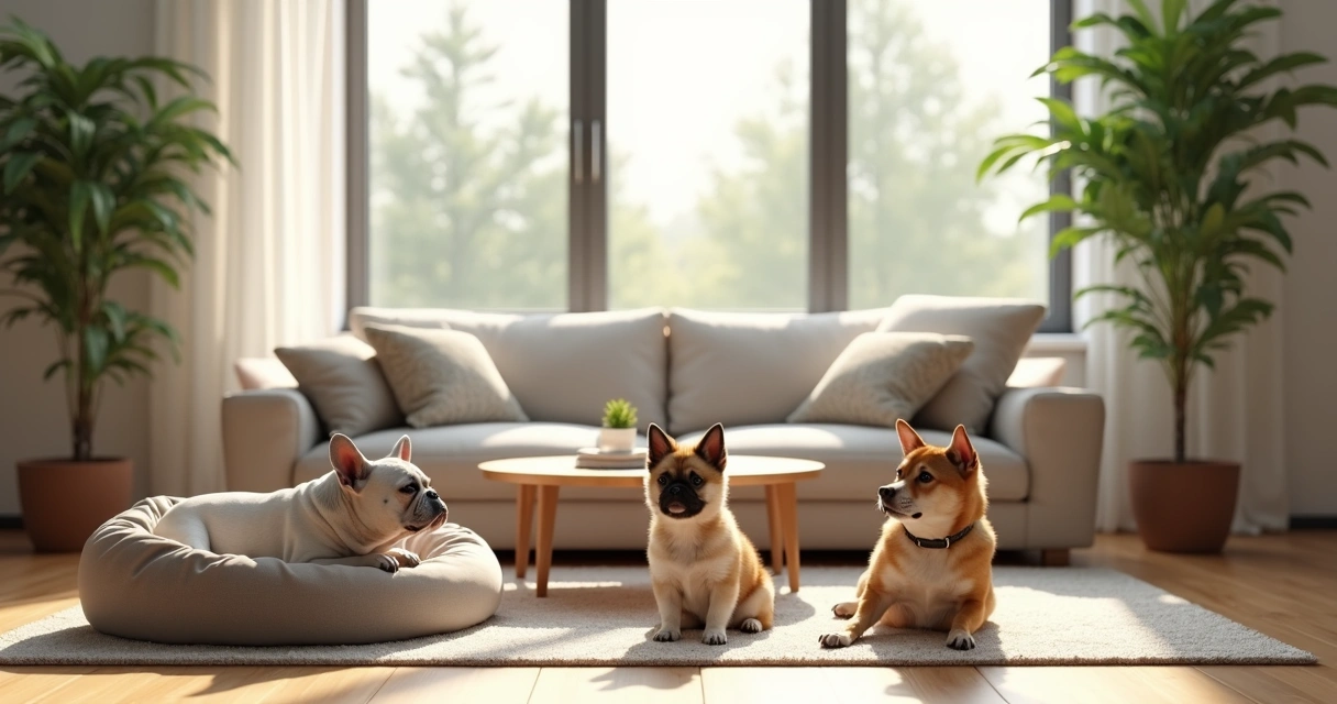 Three quiet dog breeds sitting calmly in a modern apartment living room with natural light 