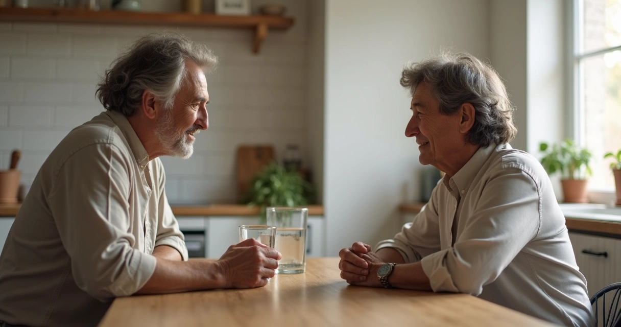 Two people having a calm conversation at a kitchen table