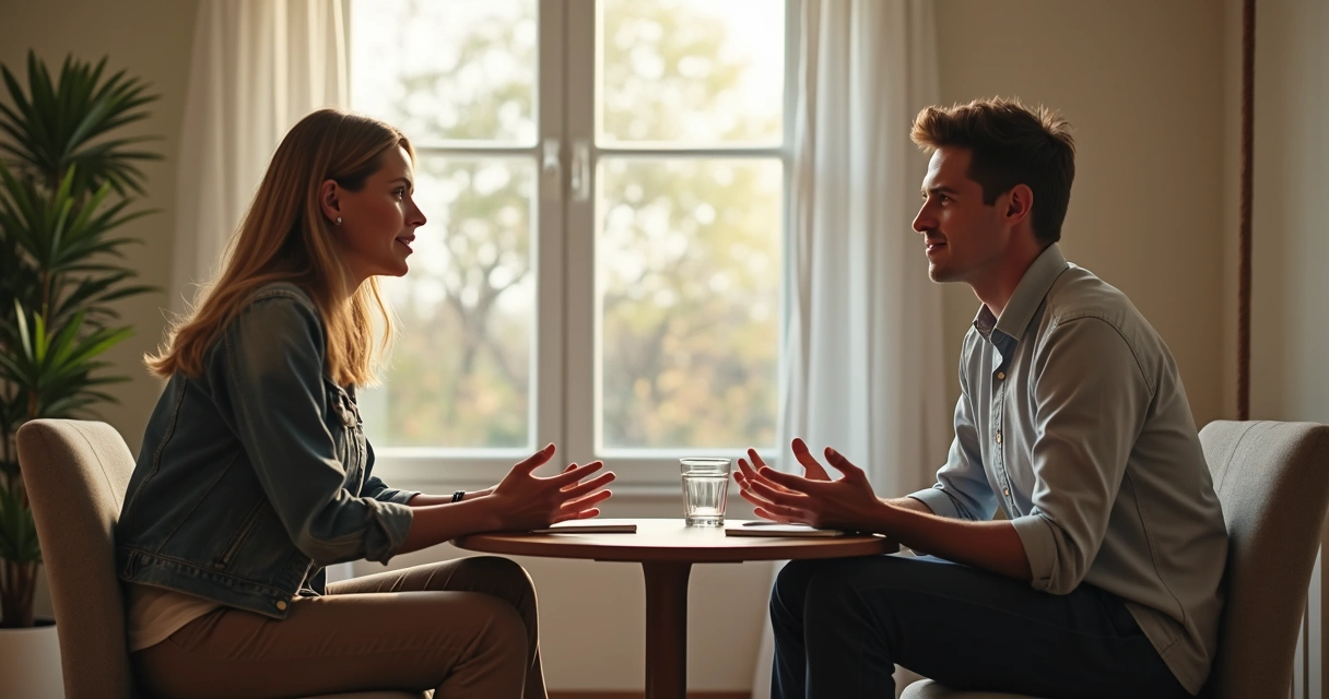 Two people having a calm conversation at a table 