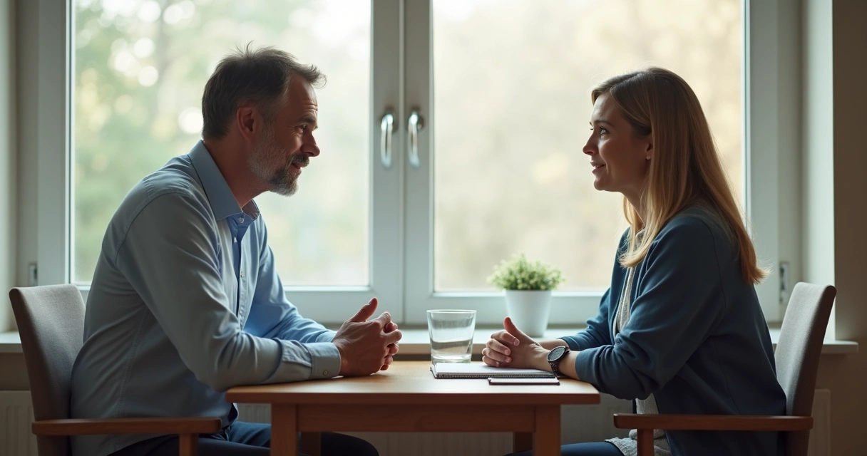 Two people talking calmly across a table in soft light