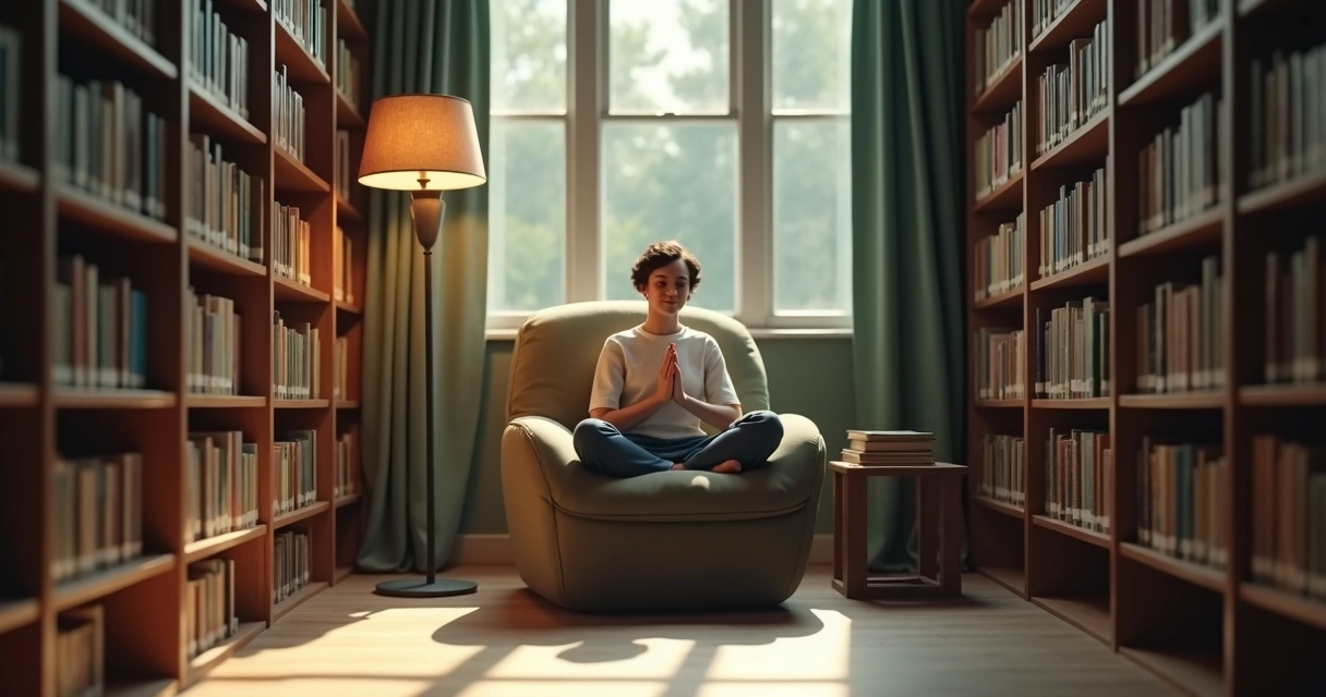 Person sitting in library corner practicing gentle breathing 