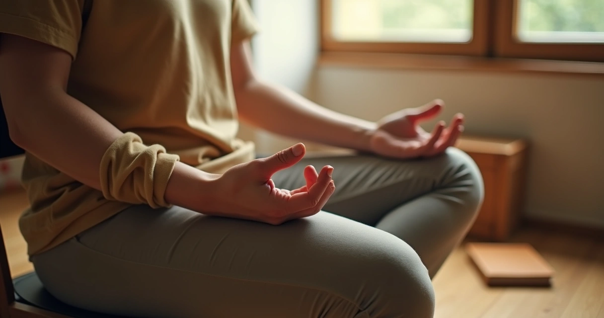 Hands resting on lap during a quiet breathing pause