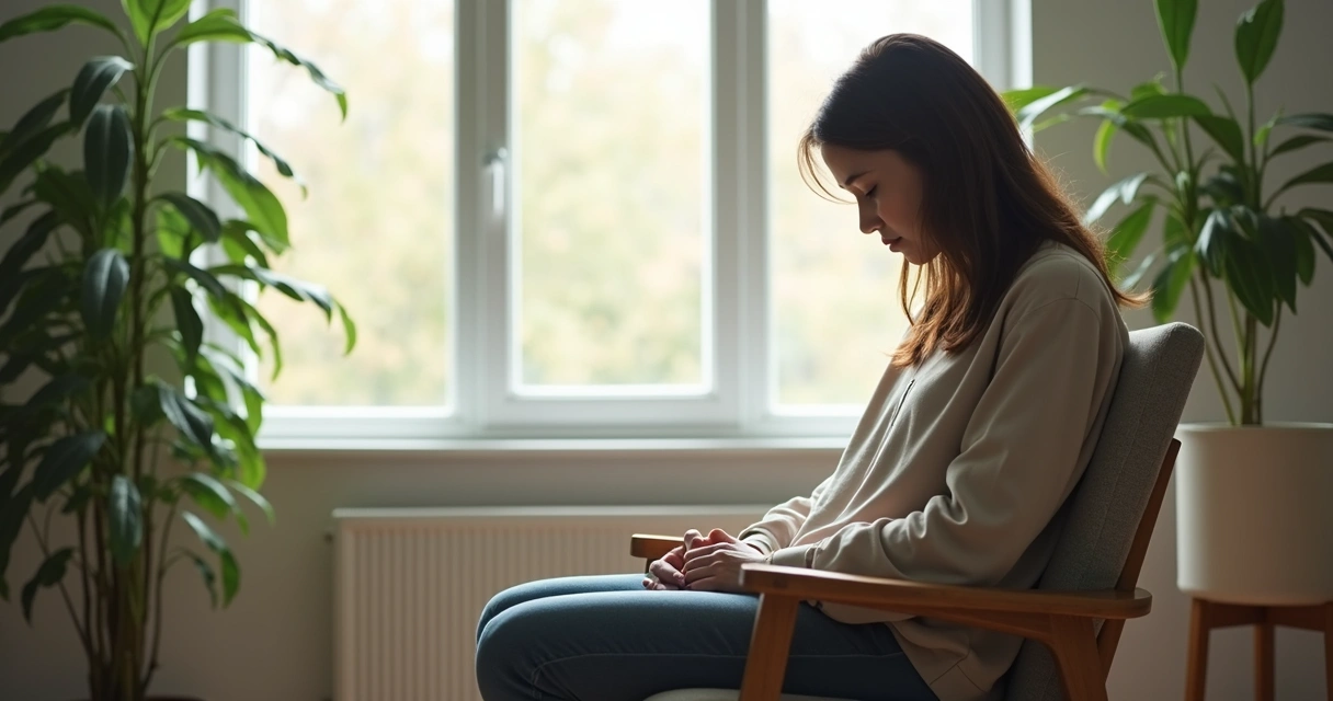 Person sitting quietly by a window during a short breathing pause 