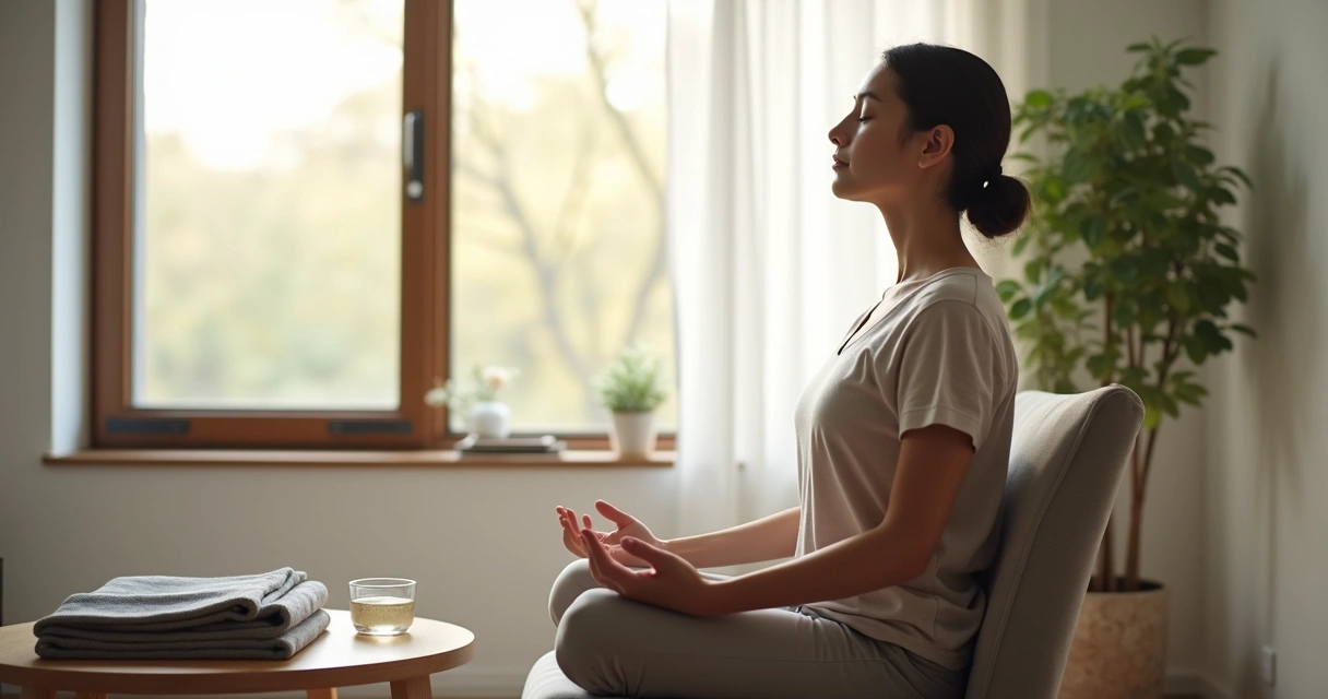 Person seated in a quiet room practicing slow breathing near a window 